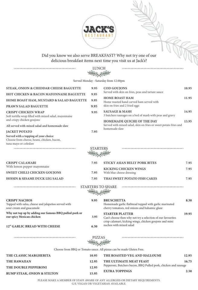 Menu at Jacks at Woodlakes restaurant, England