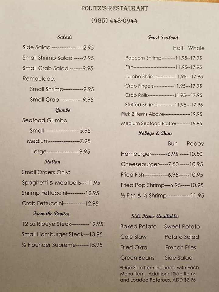 Menu at Politz's Restaurant, Thibodaux