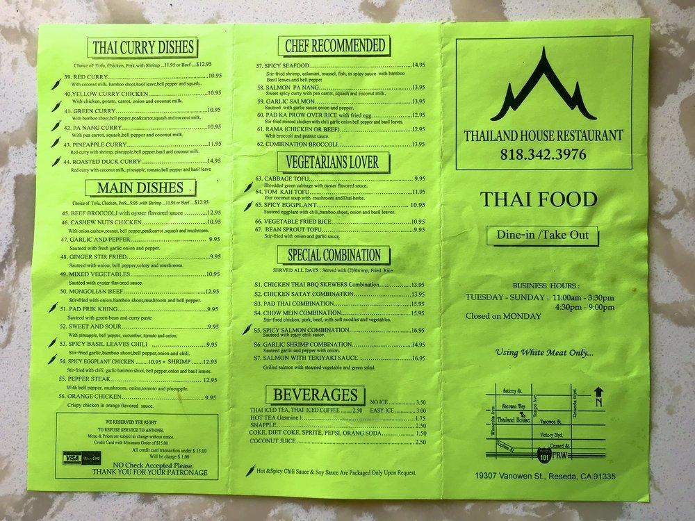 Menu at Thailand House restaurant, Los Angeles