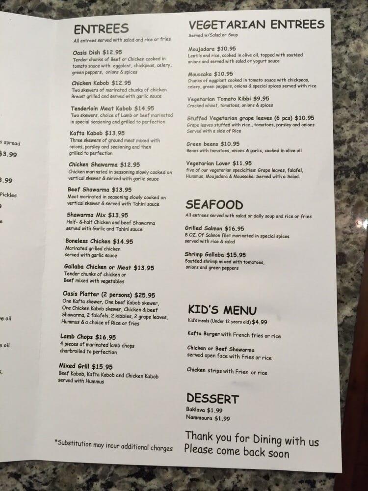 Menu at Oasis Mediterranean Restaurant, Lexington