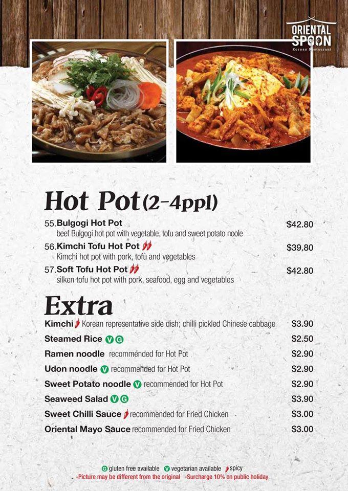 Menu at Oriental Spoon Korean Restaurant, Port Macquarie