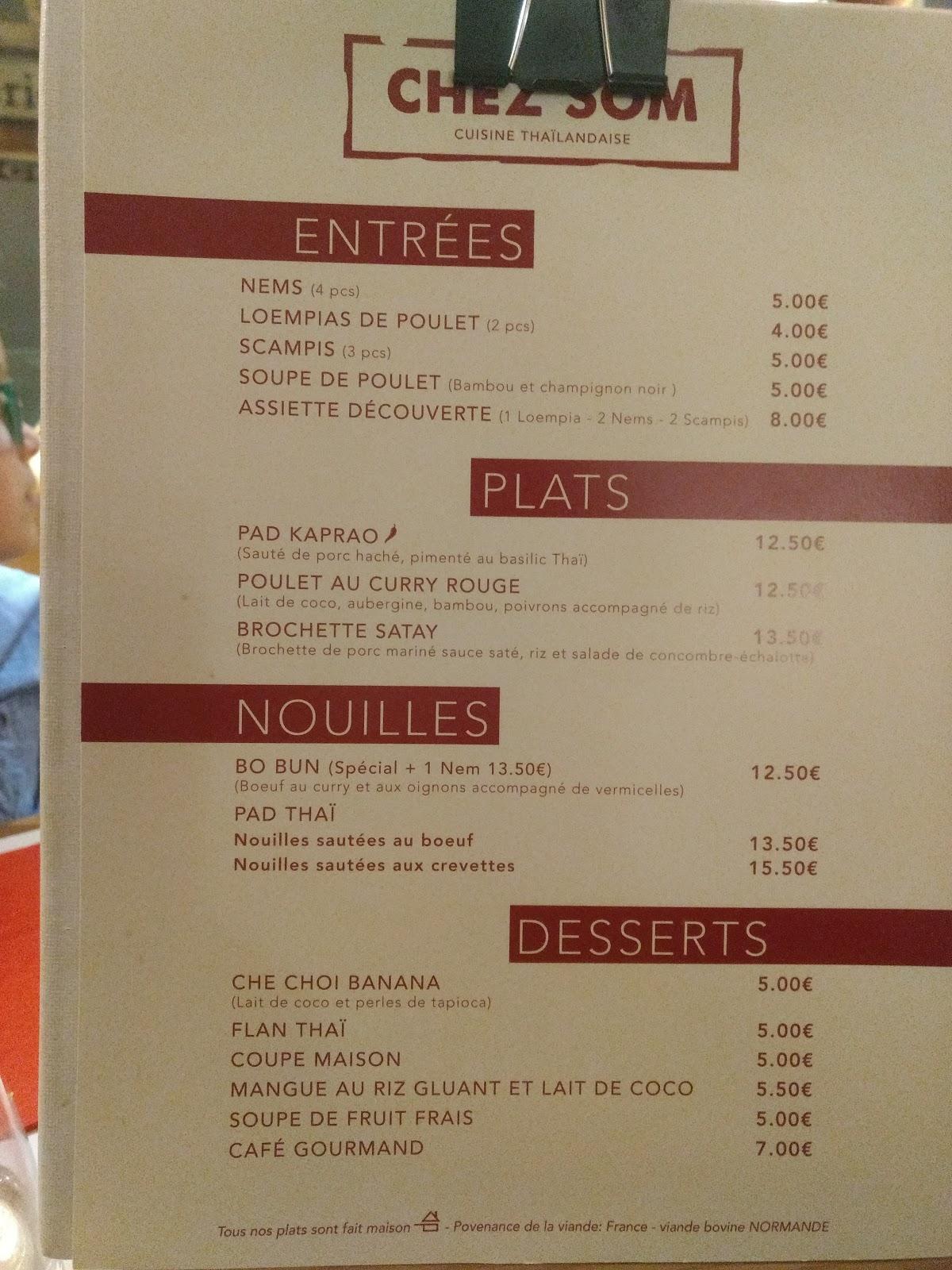 Menu au Chez Som restaurant, Valognes