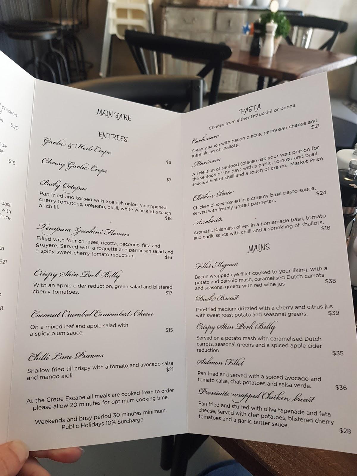 crepe escape menu