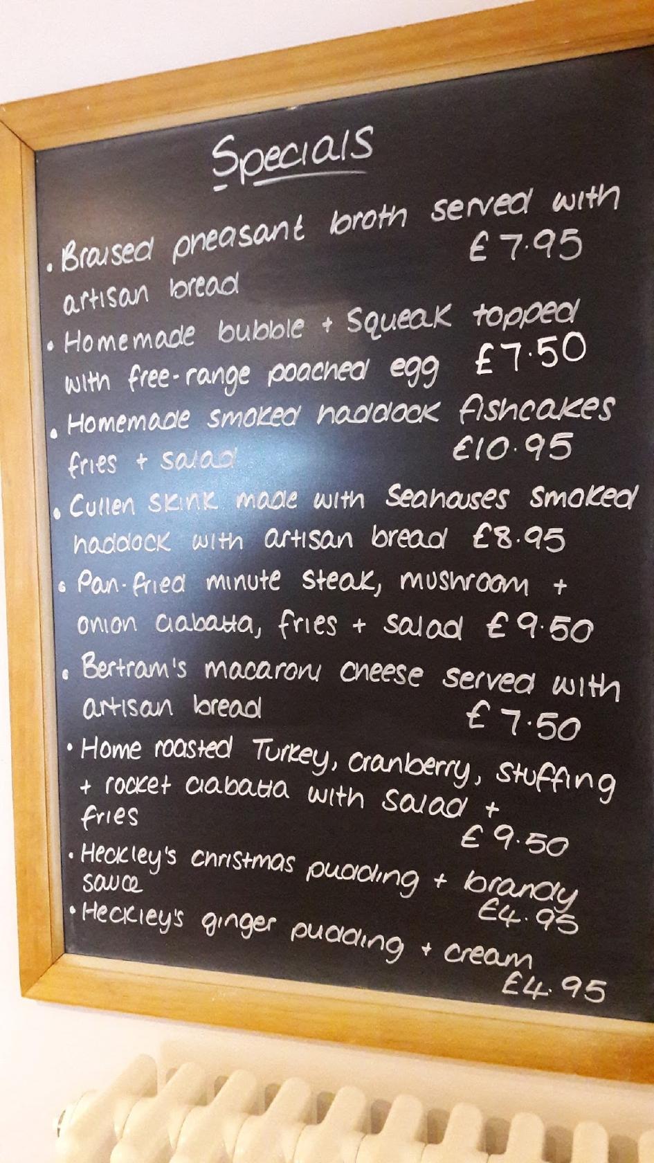 Menu at Bertram's cafe and courtyard, Warkworth