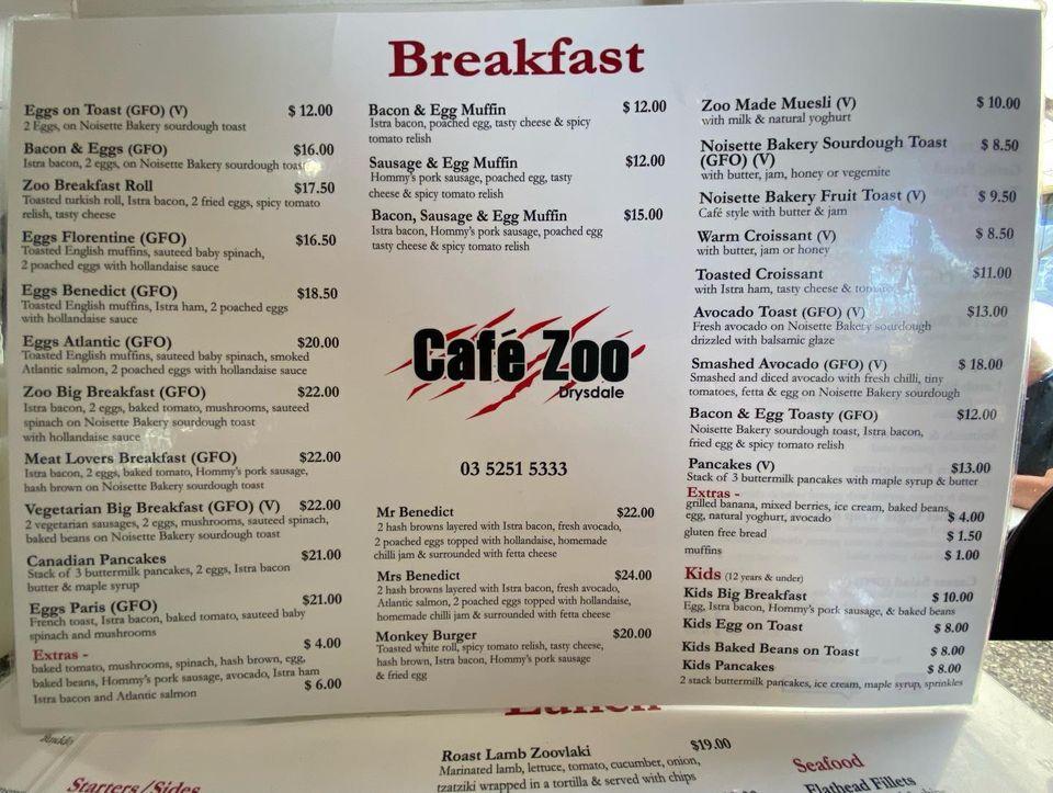 cafe zoo menu drysdale