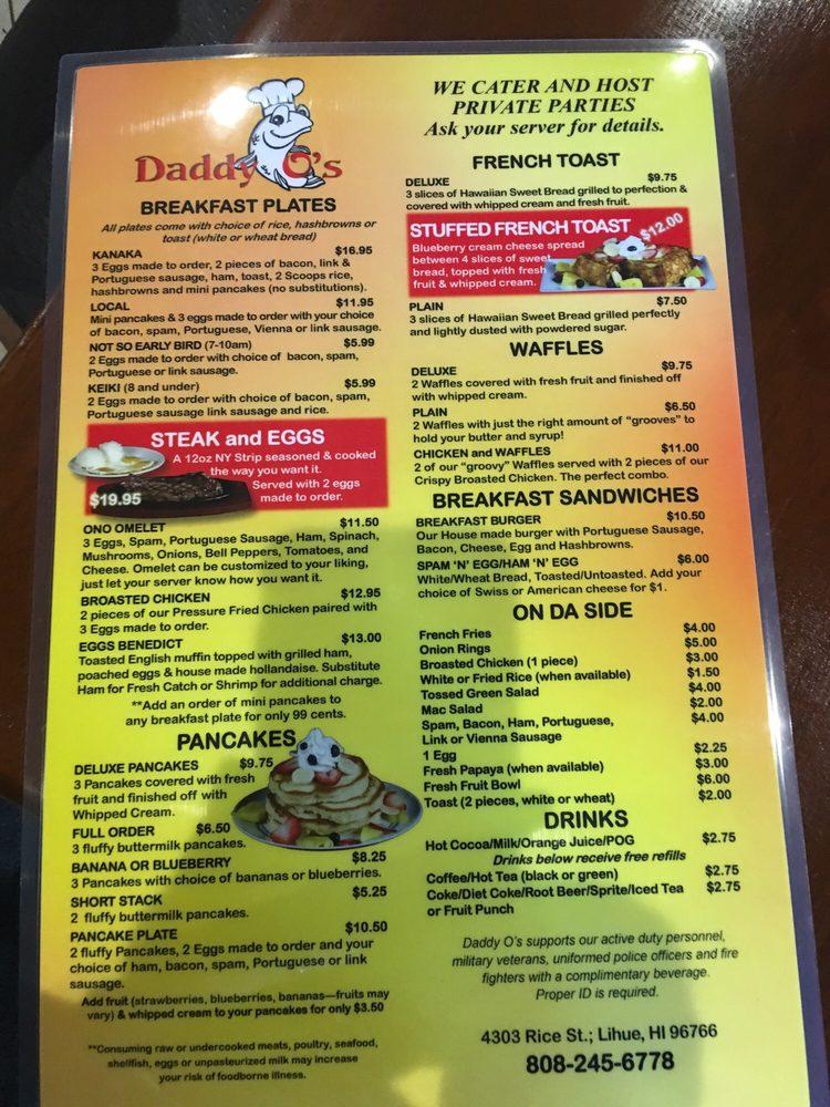 Menu at Daddy O's Restaurant, Lihue