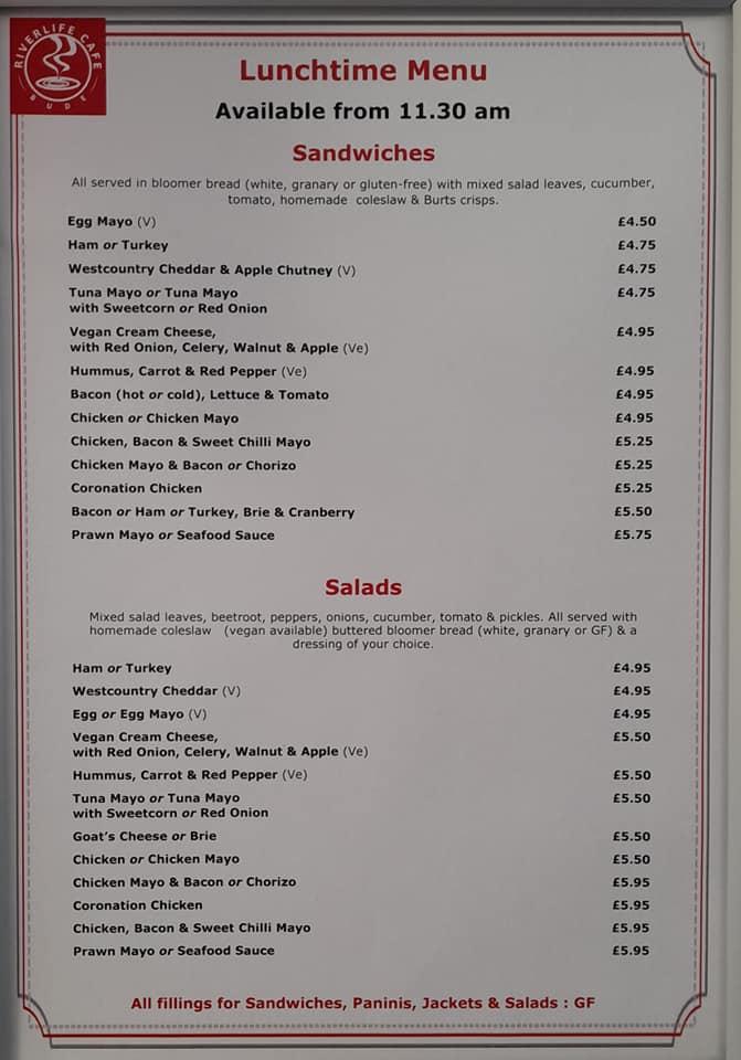 Carta de Riverlife Cafe, Bude