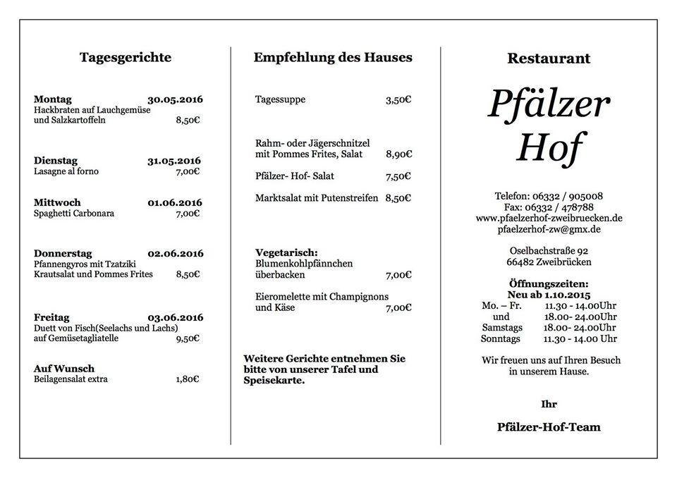 Speisekarte von Pfälzer Hof restaurant Zweibrücken