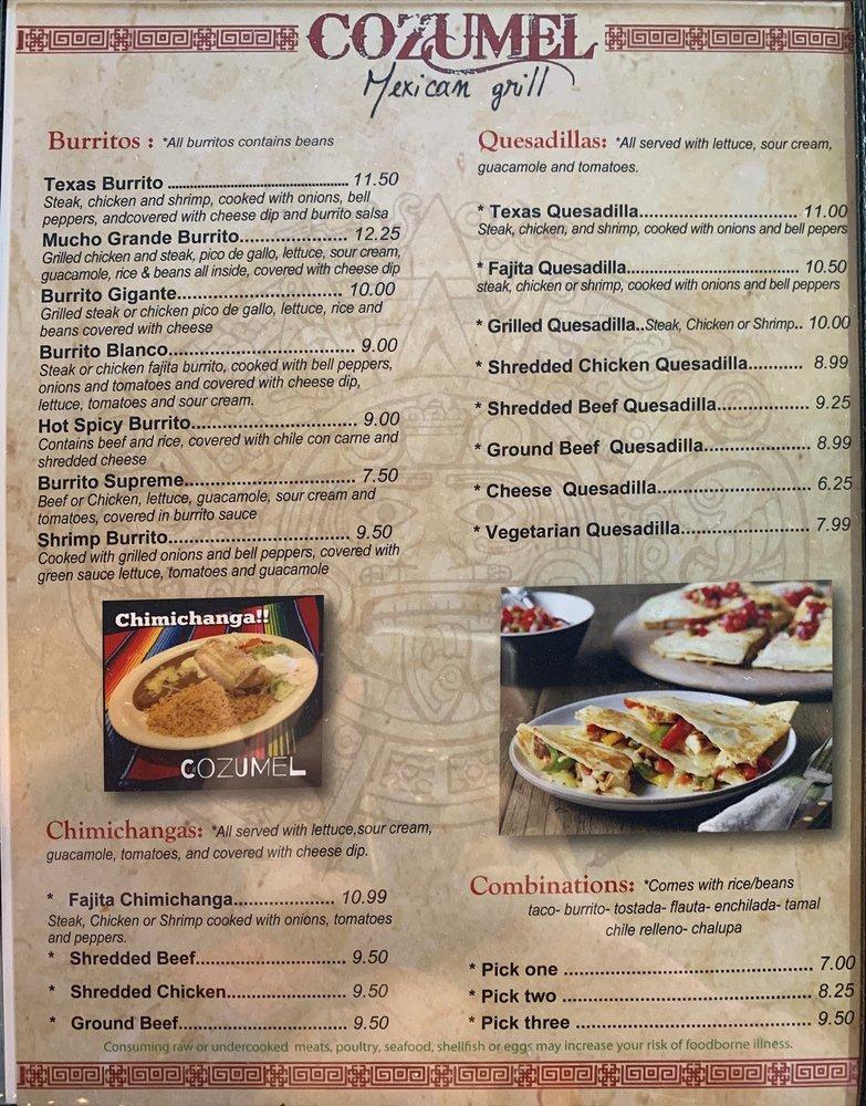 Menu at Cozumel Mexican Grill restaurant, Loxley