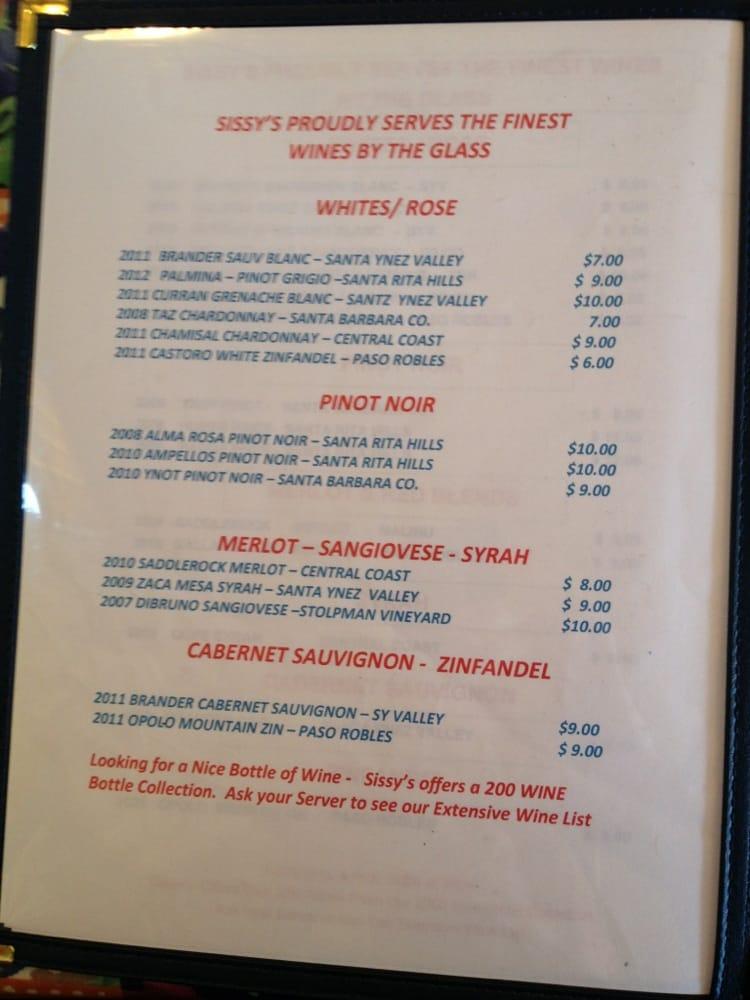 Carta de Sissy's Uptown Cafe, Lompoc