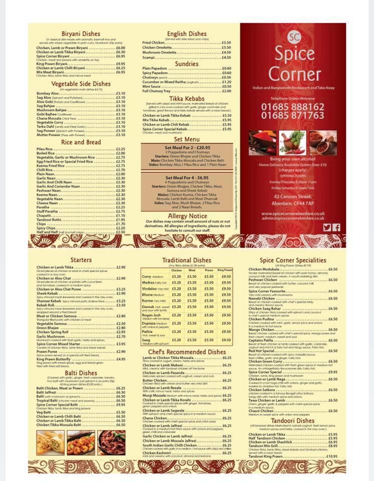 Menu at Spice Corner restaurant, Aberdare