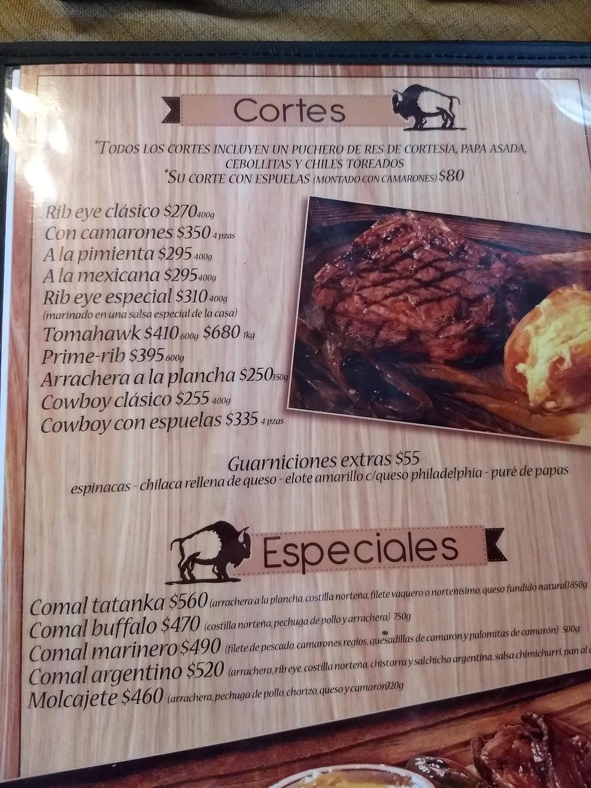 Carta de Buffalo Steakhouse, Ciudad Cuauhtemoc