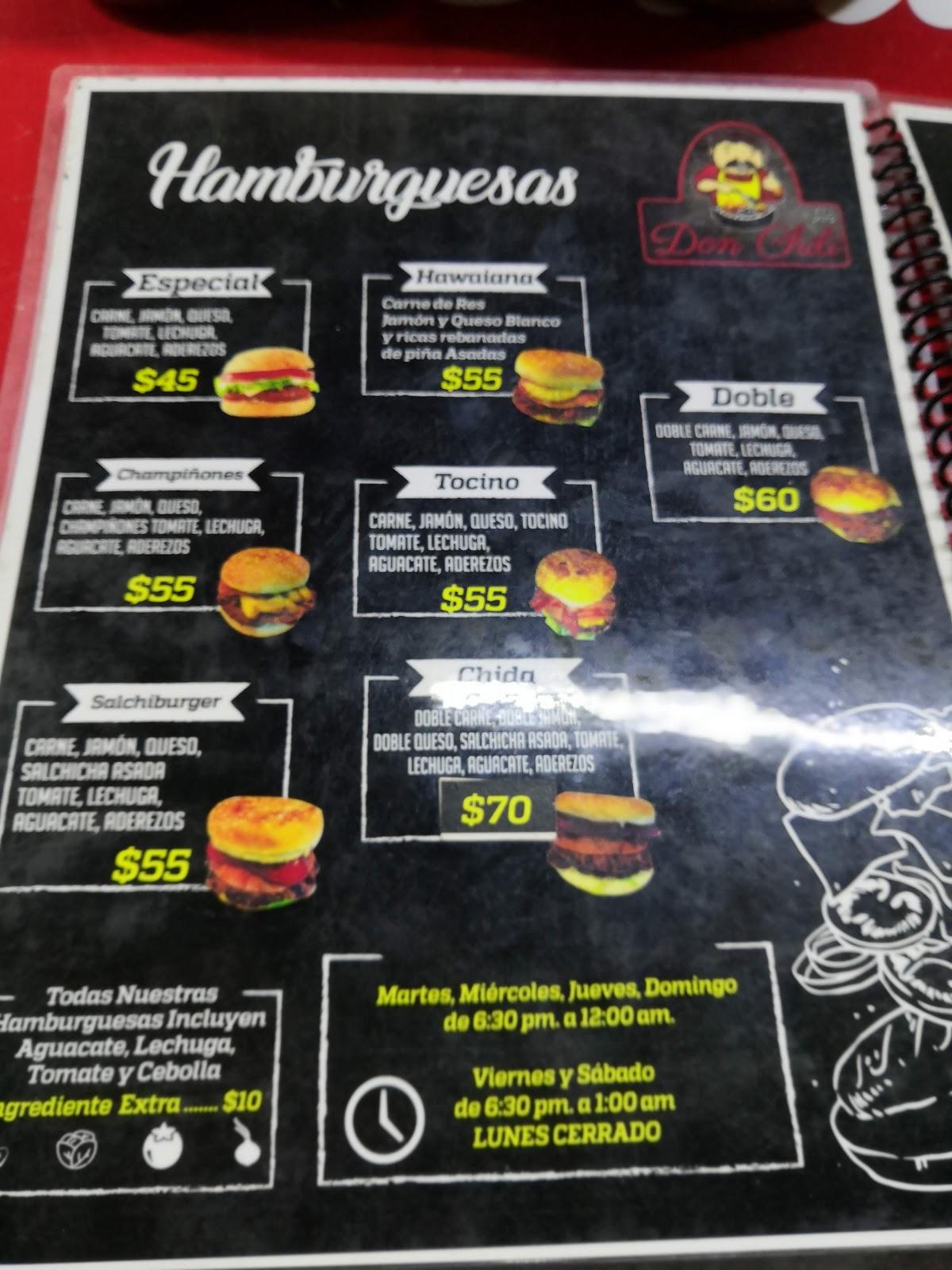 Menu at Hamburguesas ''Don Chili'' restaurant, San Nicolás de los Garza