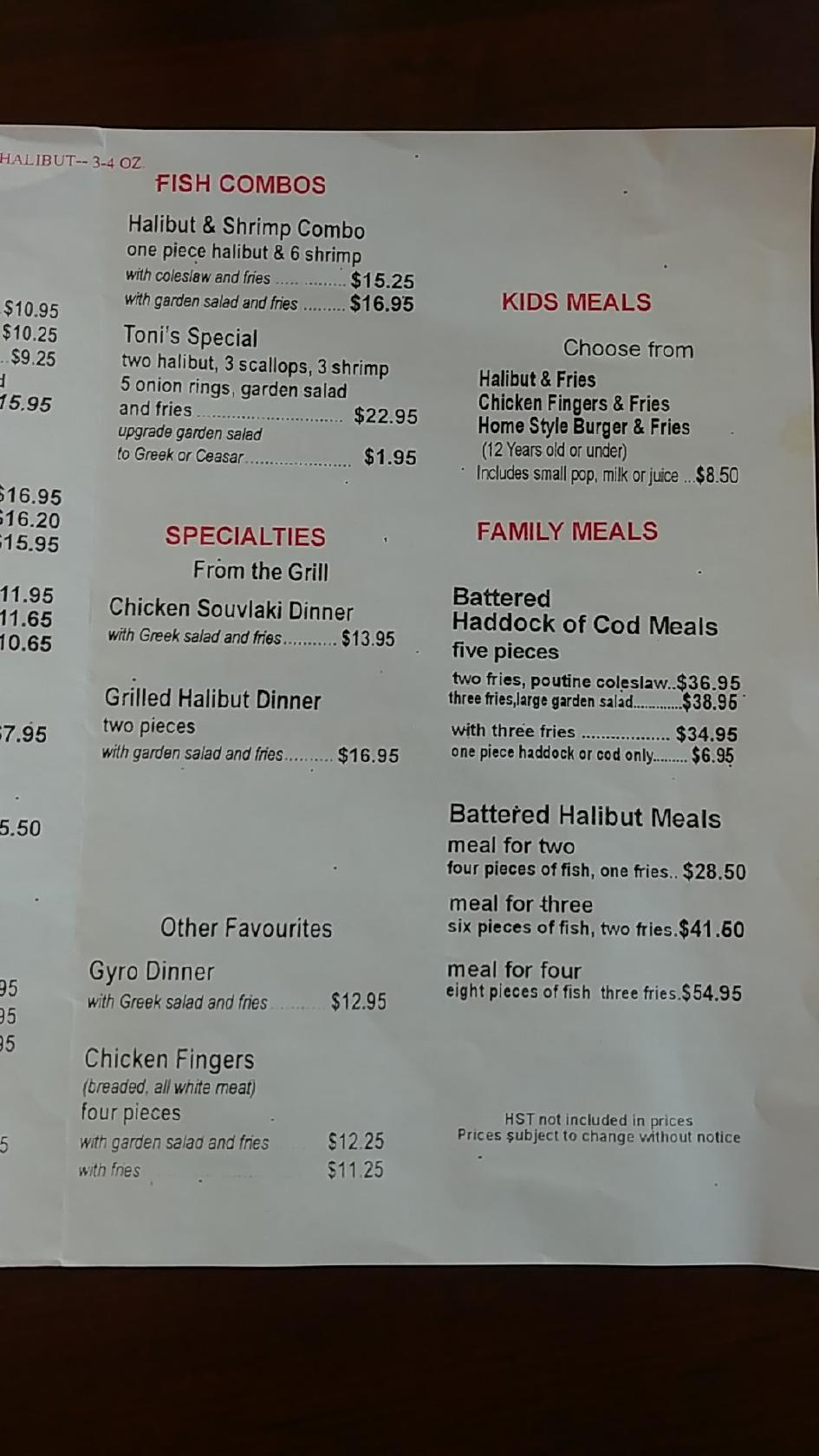Menu at Toni's Fish & Chips restaurant, Gananoque