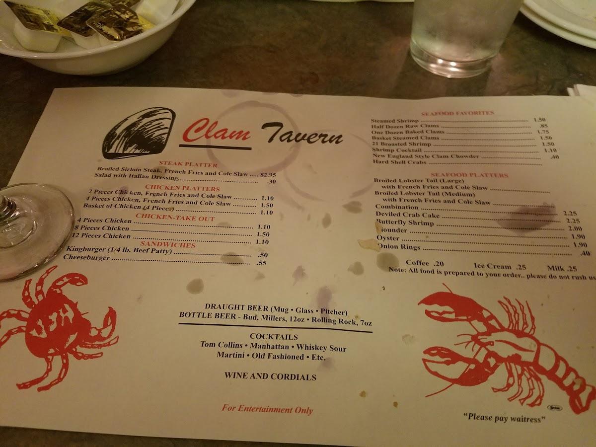 Menu at Clam Tavern restaurant, Clifton Heights