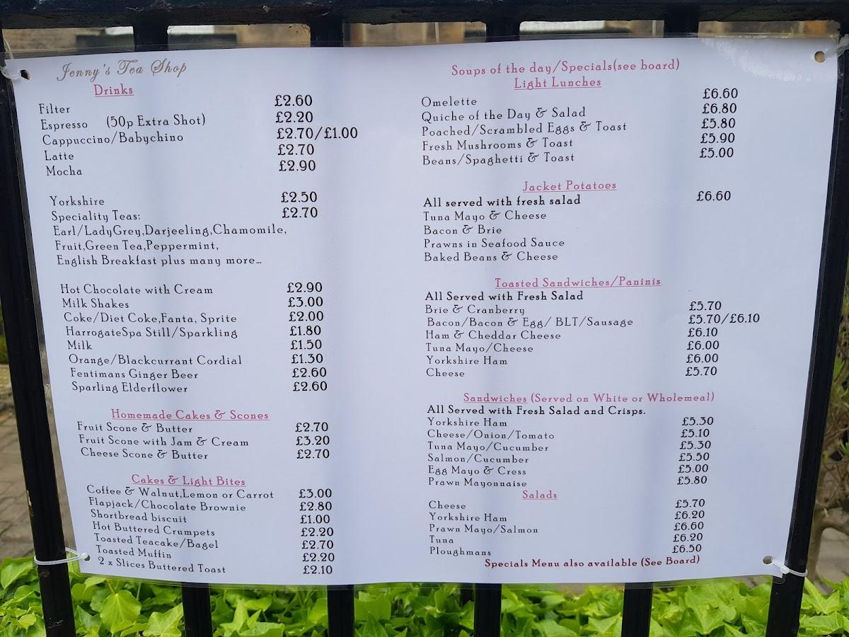 Menu at Jenny's Tea Shop cafe, Harrogate, 7 Montpellier St