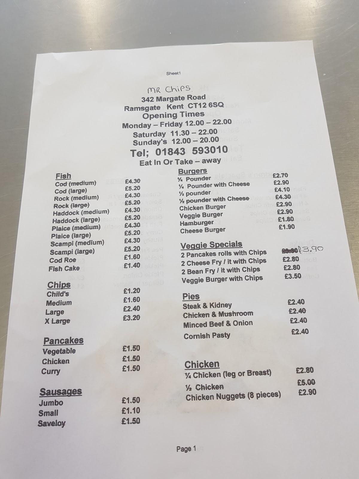 Menu at Mr Chips fast food, Ramsgate, 342 Margate Rd