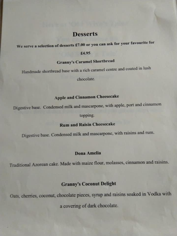 Menu at Old Wives' Tales restaurant, Corwen