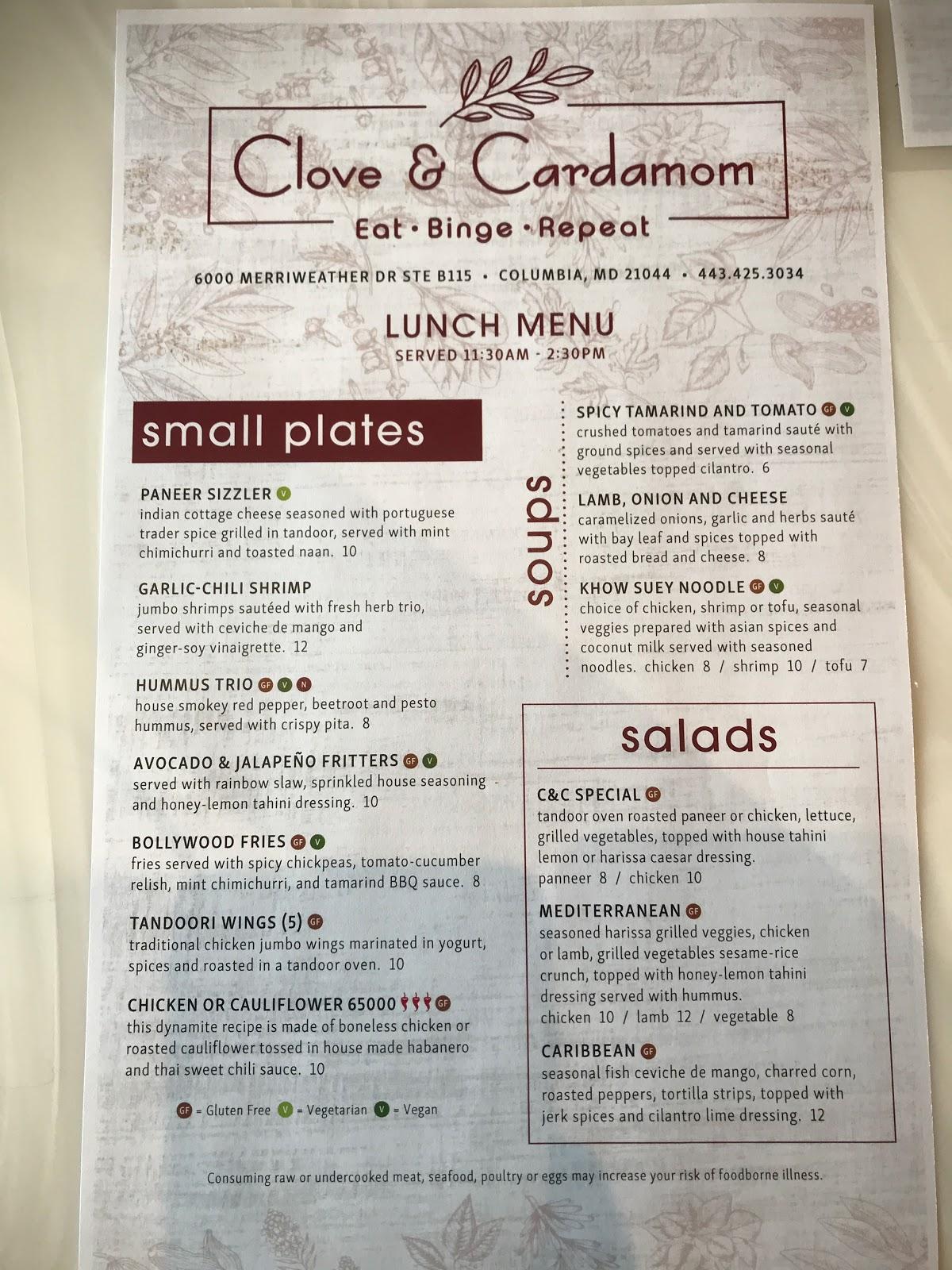 Menu at Clove & Cardamom Restaurant, Columbia