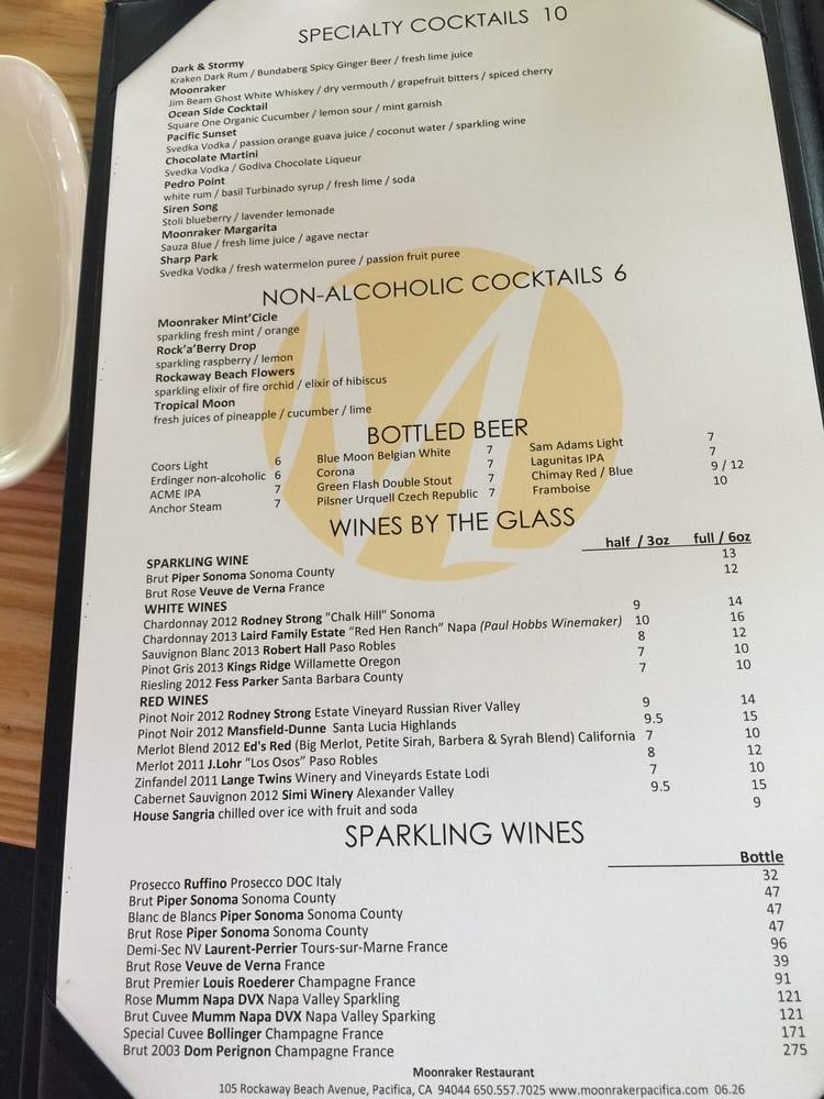 Menu at Moonraker restaurant, Pacifica