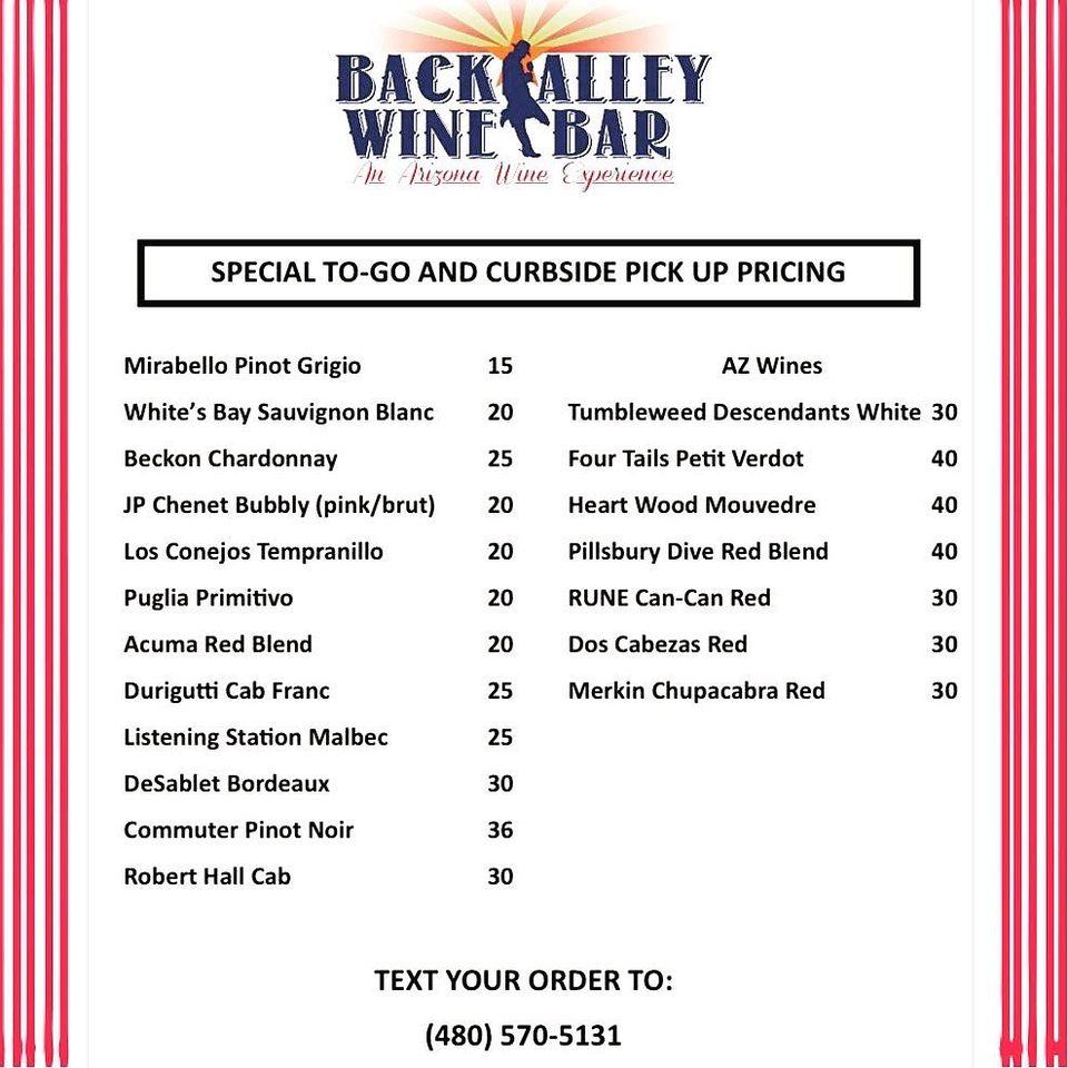 Menu at Back Alley Wine Bar, Prescott, in the Back Alley
