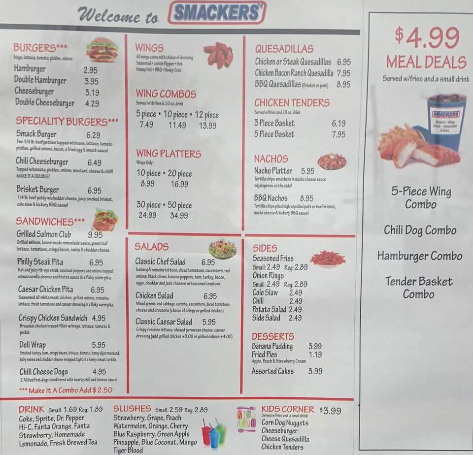 Menu at SMACKERS restaurant, Memphis, US-64 Suite 101