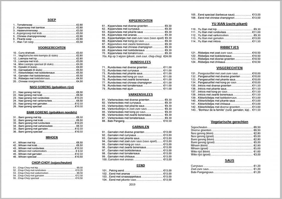 Menu at Shun-Li, Boutersem