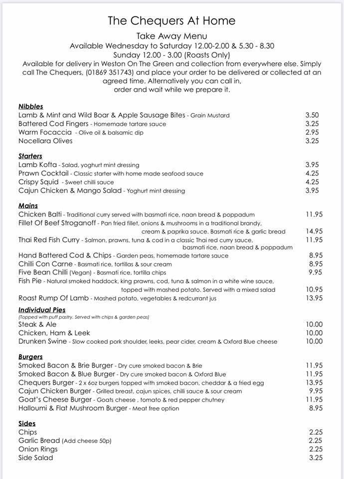Menu at The Chequers pub & bar, WestonontheGreen, Northampton Rd