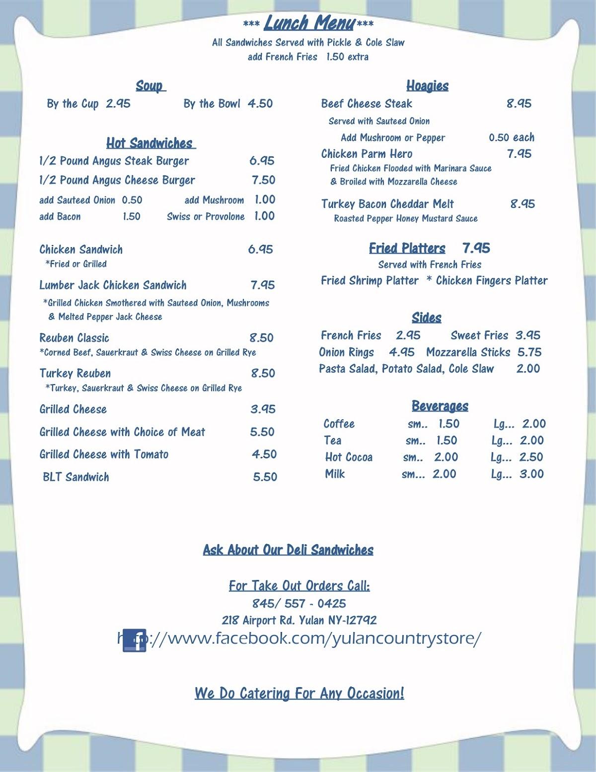 Menu at Yulan Country Store restaurant, Yulan