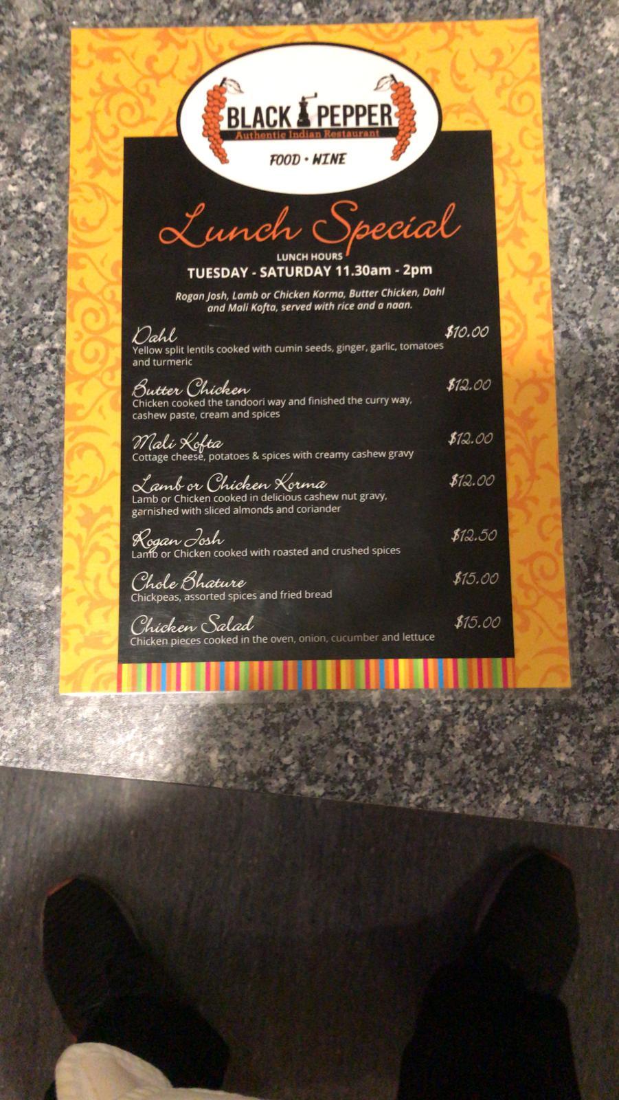 Menu at Black Pepper restaurant, Dunedin