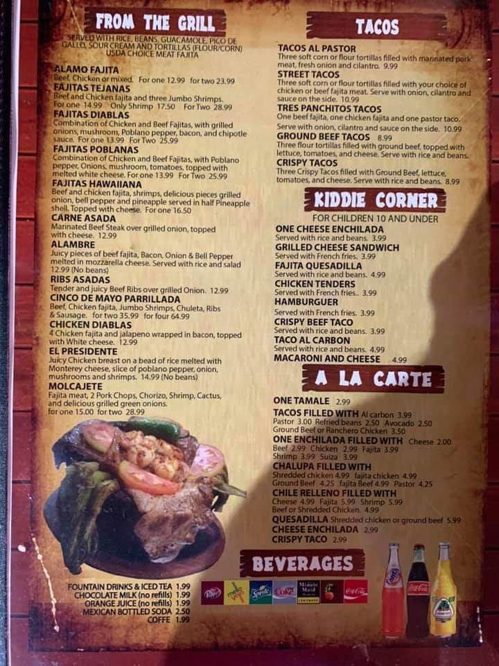 Menu at Cinco de mayo mexican grill restaurant, Hueytown