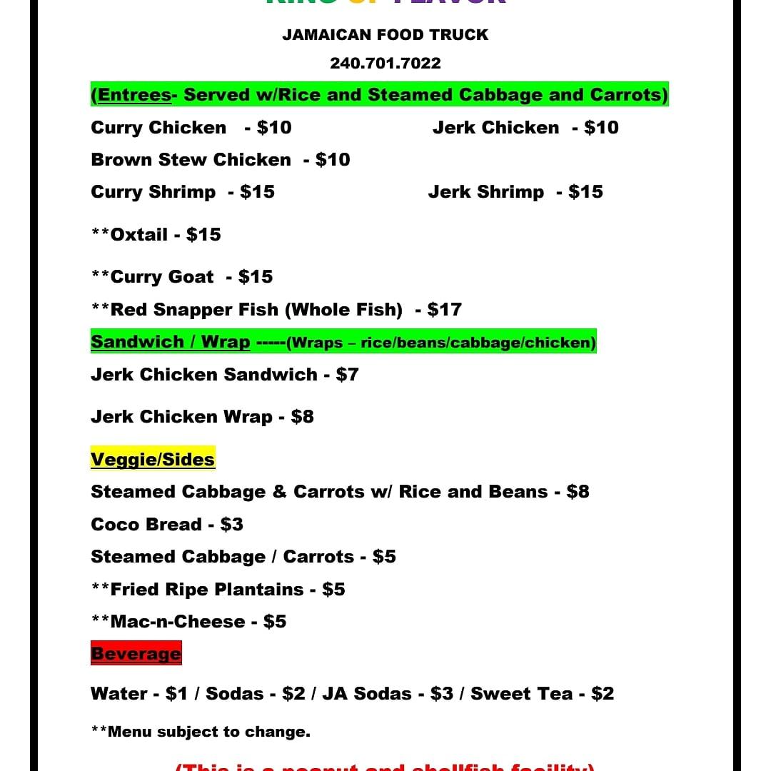 Menu at King of FLAVOR Jamaican Food Truck restaurant, Martinsburg
