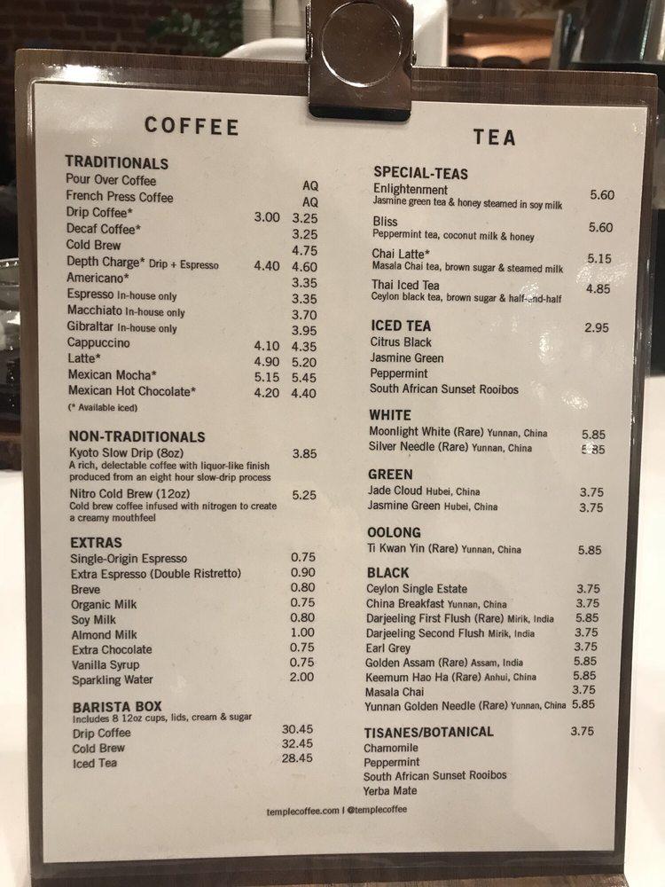 Menu at Temple Coffee Roasters cafe, Sacramento, K St