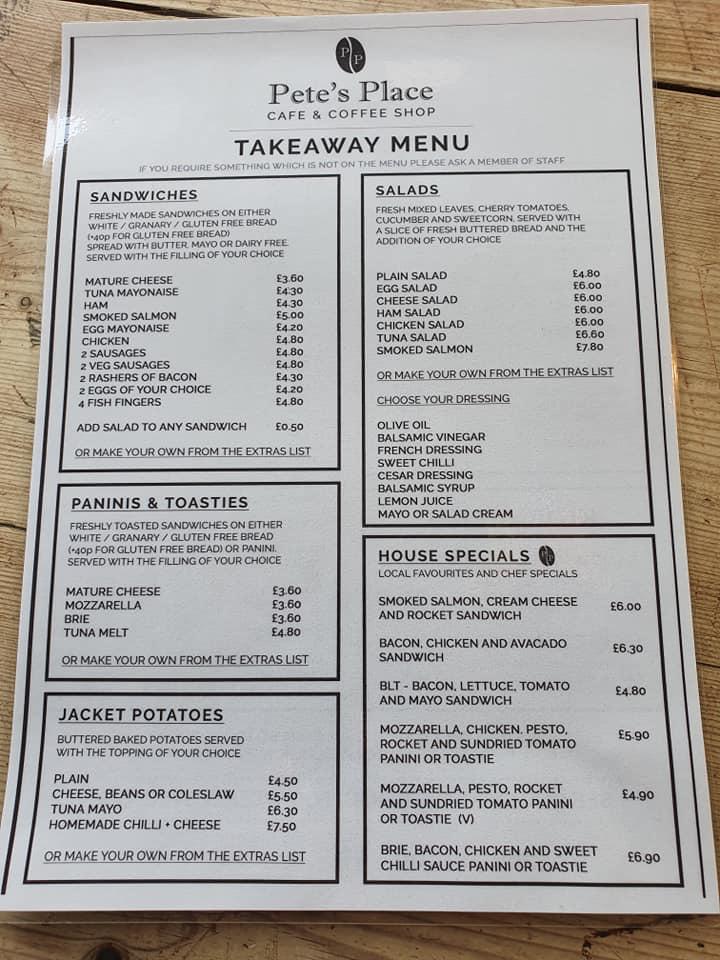 Menu at Pete's Place Cafe & Coffee Shop, Billericay