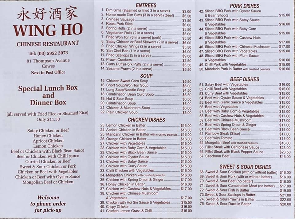 Menu at Wing Ho Chinese Restaurant, Cowes