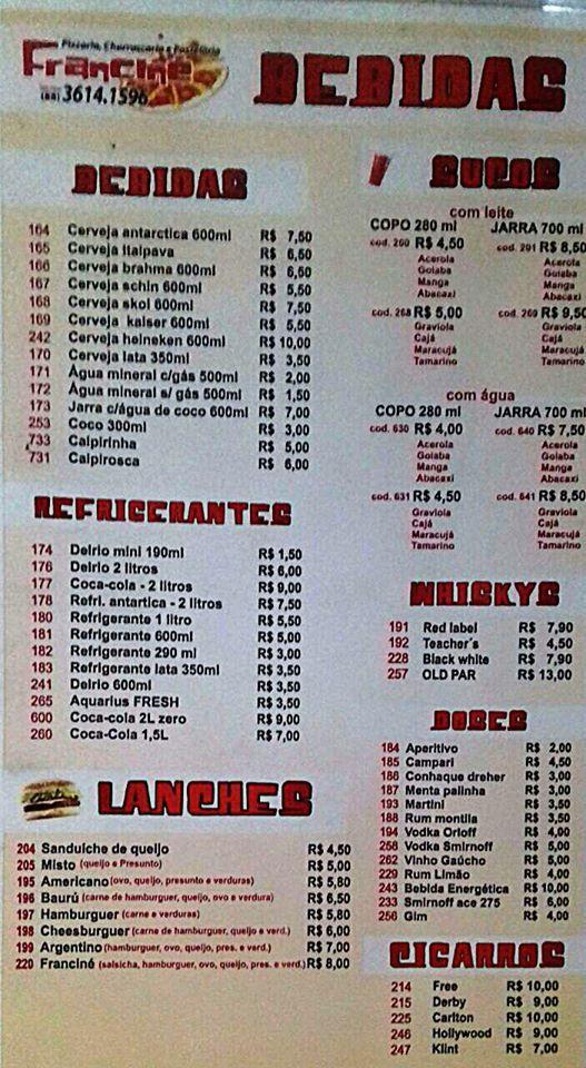 Pizzaria, churrascaria e pastelaria Franciné cardápio