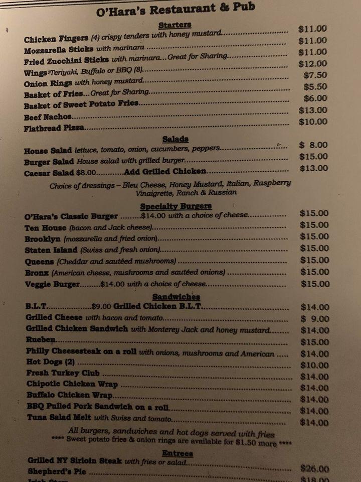 Menu at O'Hara's Restaurant and Pub, New York City