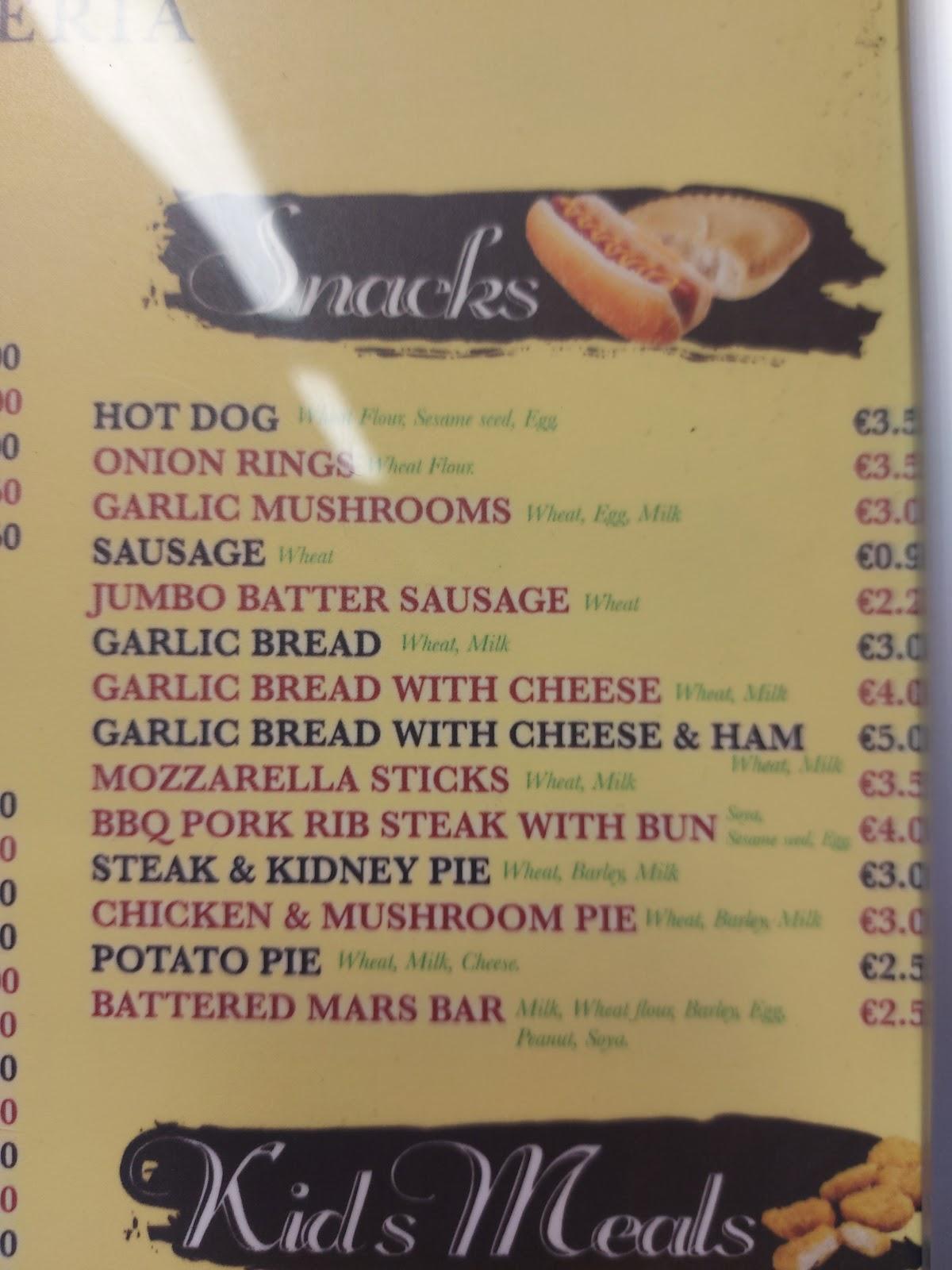 Menu at Claudio’s kanturk restaurant, Kanturk