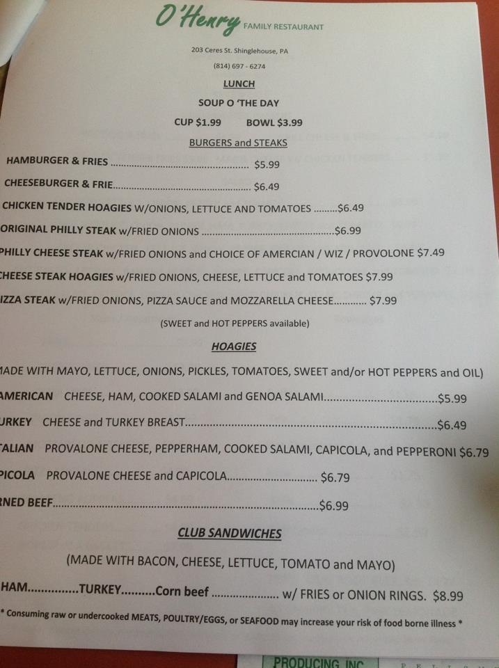 Menu at O'Henry Family Restaurant, Shinglehouse, 230 Ceres Rd