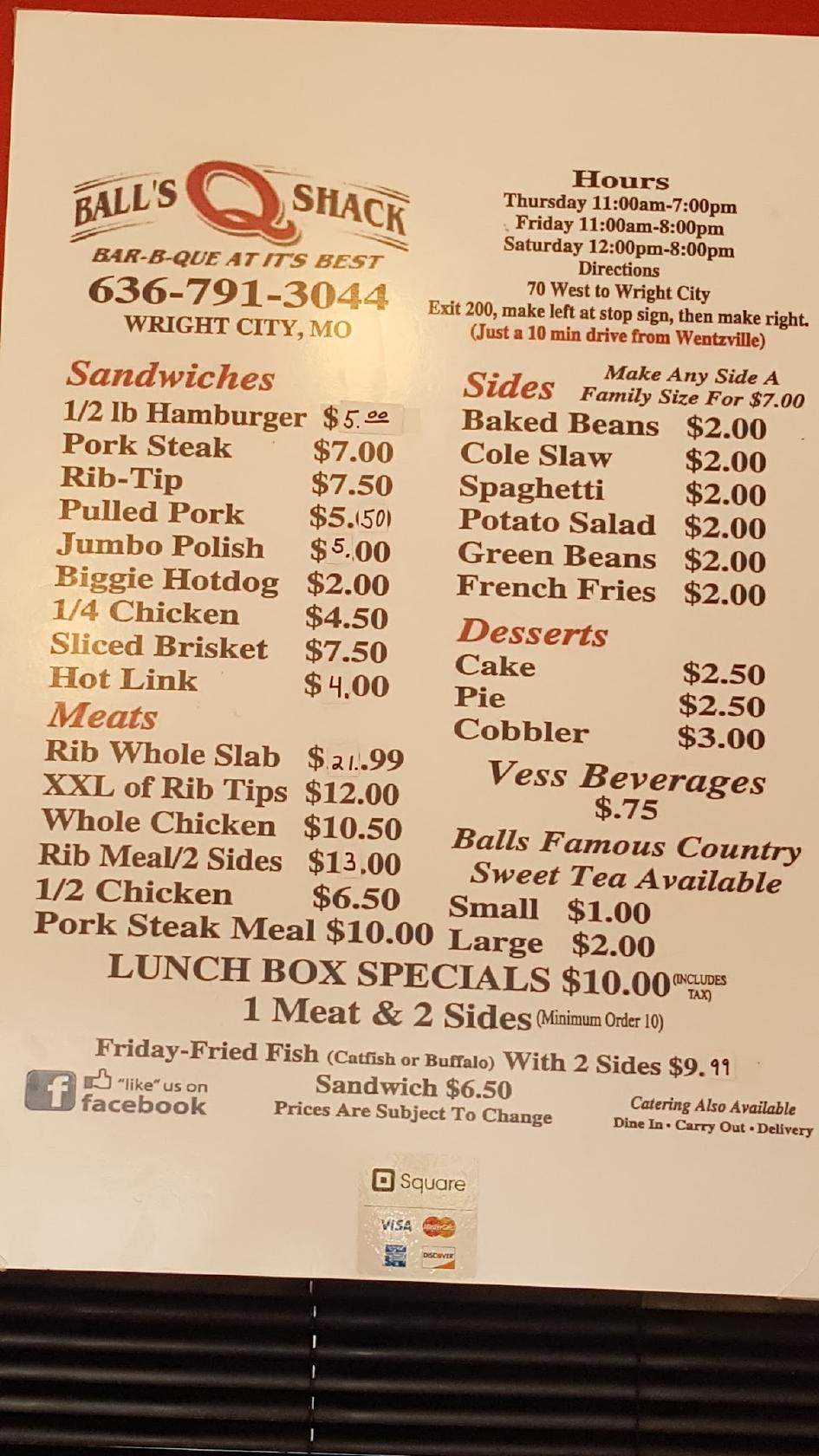 Menu at Ball's Q Shack BBQ, Wright City, 100 W N 2nd St