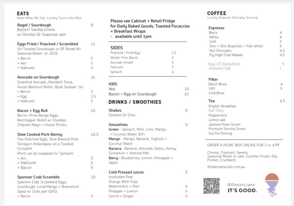 Menu at Flinders Lane Cafe, Maroochydore