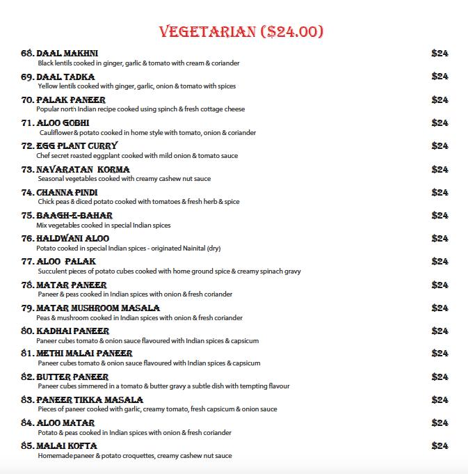 Menu at India Village Restaurant, Auckland, 7/49 Rawhiti Rd