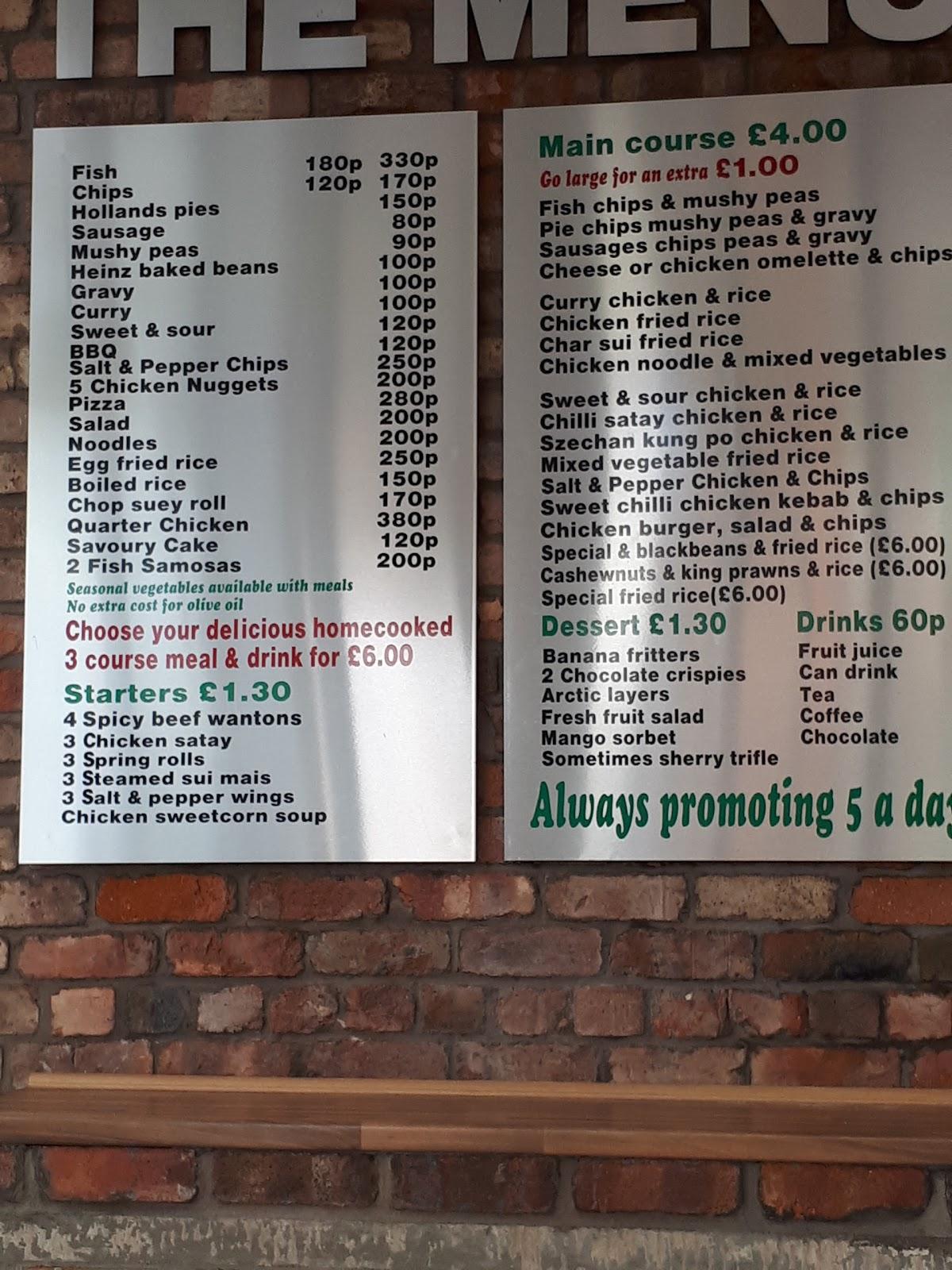 Menu at Penny Lane Fish and Chips restaurant, Liverpool