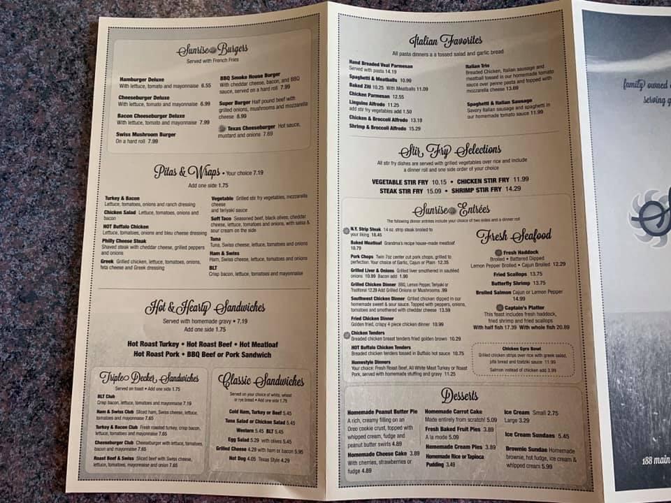 Menu at Sunrise Restaurant, Dansville