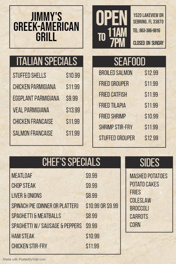 Menu at Jimmy's Greek American Grill restaurant, Sebring, 901 US Hwy 27