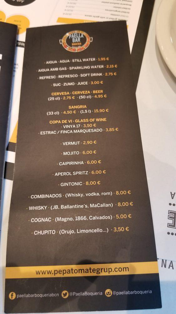 Menu at Paella Bar Boqueria, Barcelona, Mercat de la Boqueria Pòrtics de la Boqueria