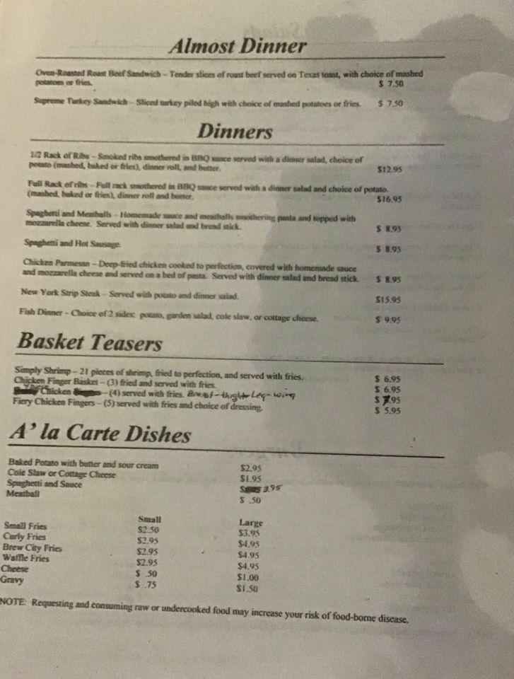 Menu at Robert's Roadside Inn restaurant, Beaver