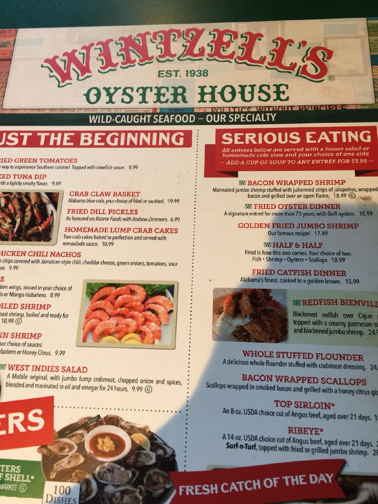 Menu at Wintzell's Oyster House restaurant, Mobile, 605 Dauphin St