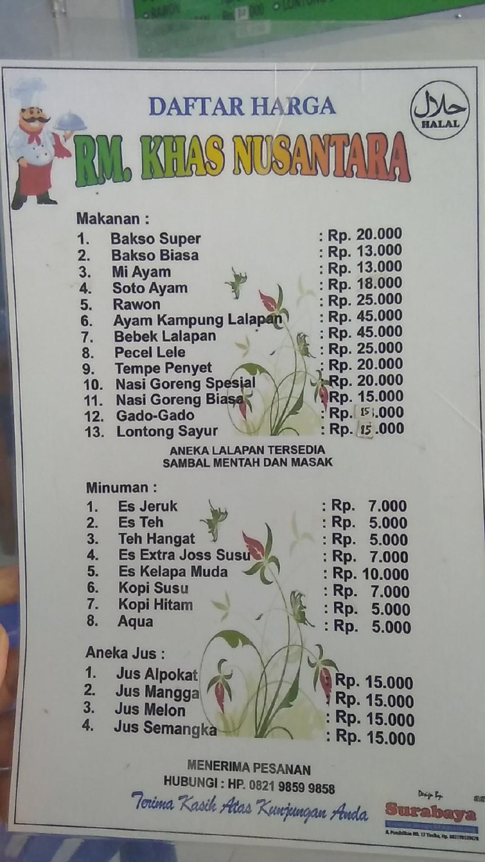 Menu at RM. KHAS NUSANTARA restaurant, Timika