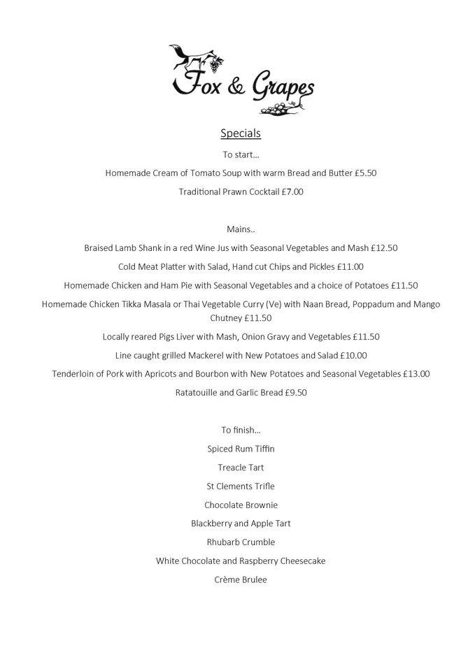 Menu at Fox and Grapes pub & bar, Lifton